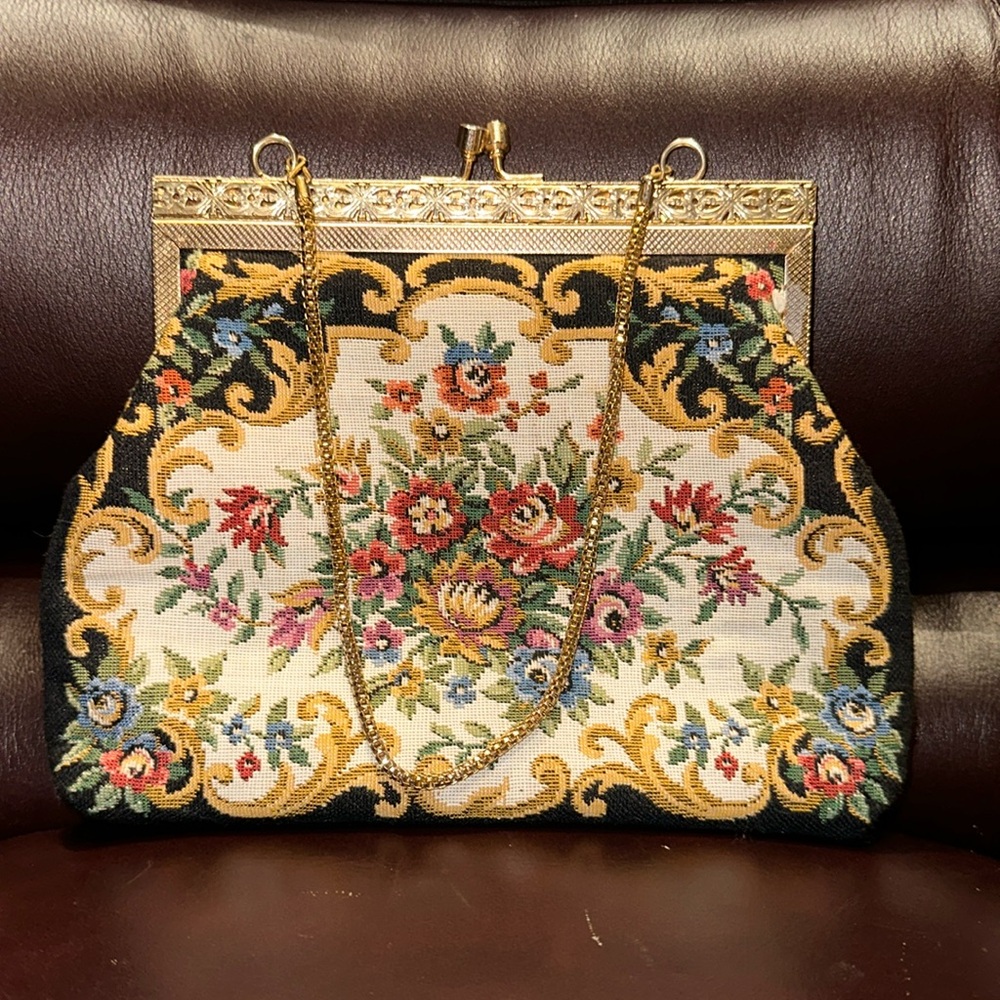 Embroidered Tapestry Kisslock Handbag